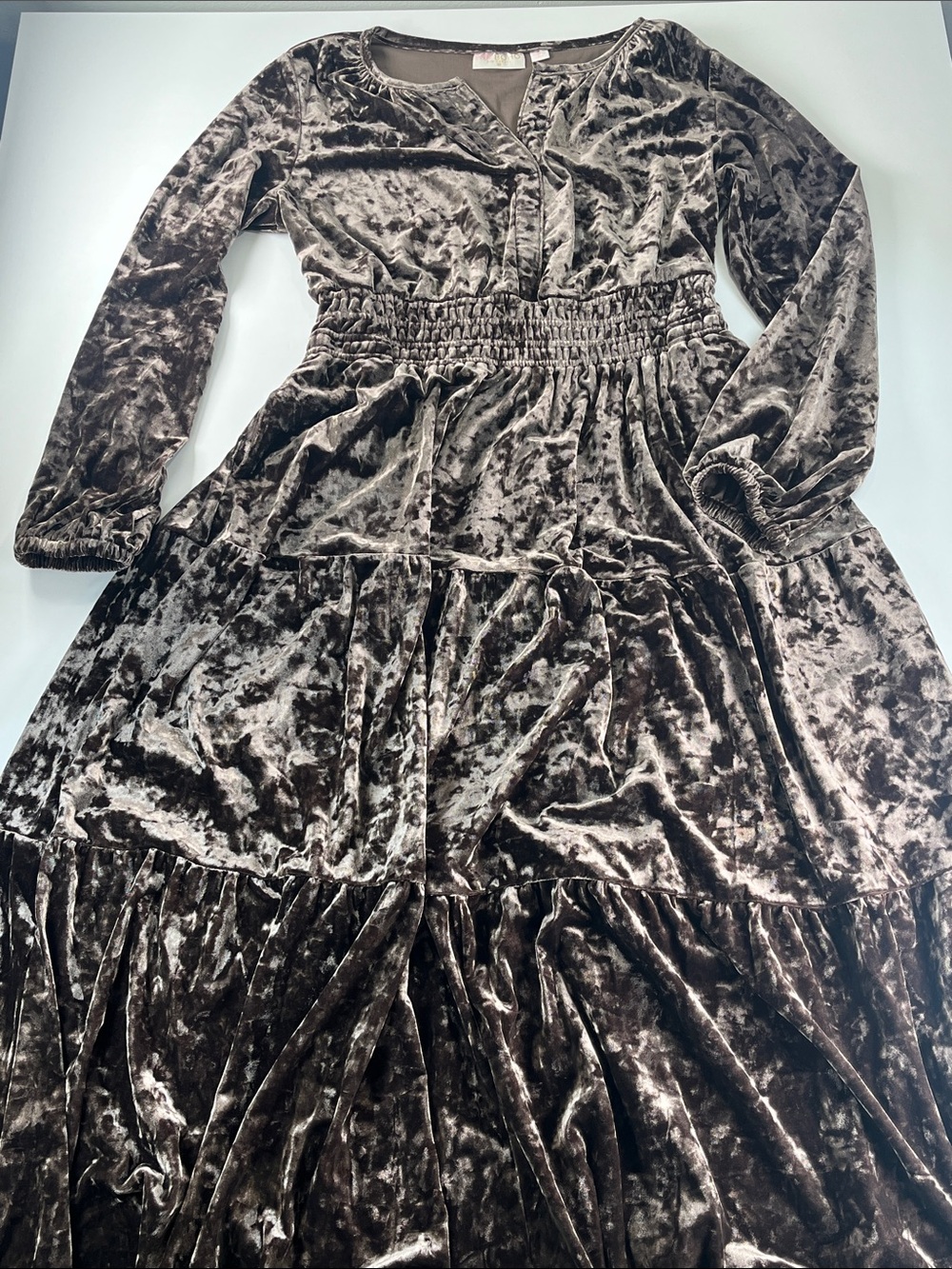 Belle Boho Kim Gravel Velvety Maxi Dress Deep Brown with Smocked Waist Sz MP